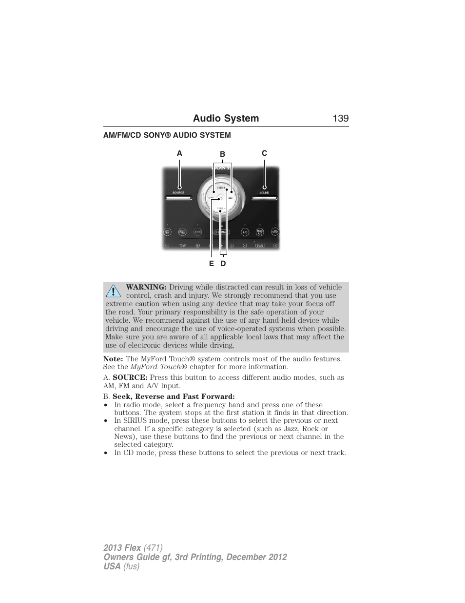 Am/fm/cd sony® audio system, Audio system 139 | FORD 2013 Flex v.3 User Manual | Page 140 / 547