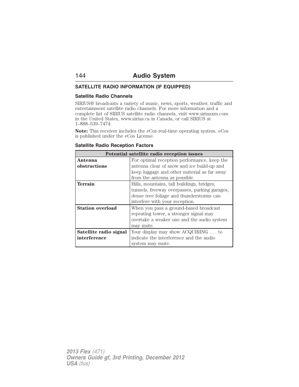 Satellite radio information (if equipped), Satellite radio channels, Satellite radio reception factors | Satellite radio information, 144 audio system | FORD 2013 Flex v.3 User Manual | Page 145 / 547