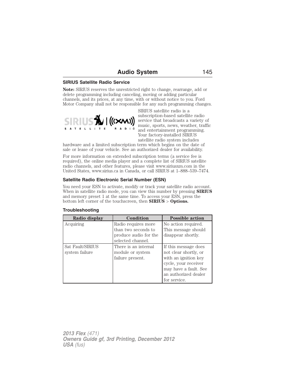 Sirius satellite radio service, Satellite radio electronic serial number (esn), Troubleshooting | Audio system 145 | FORD 2013 Flex v.3 User Manual | Page 146 / 547