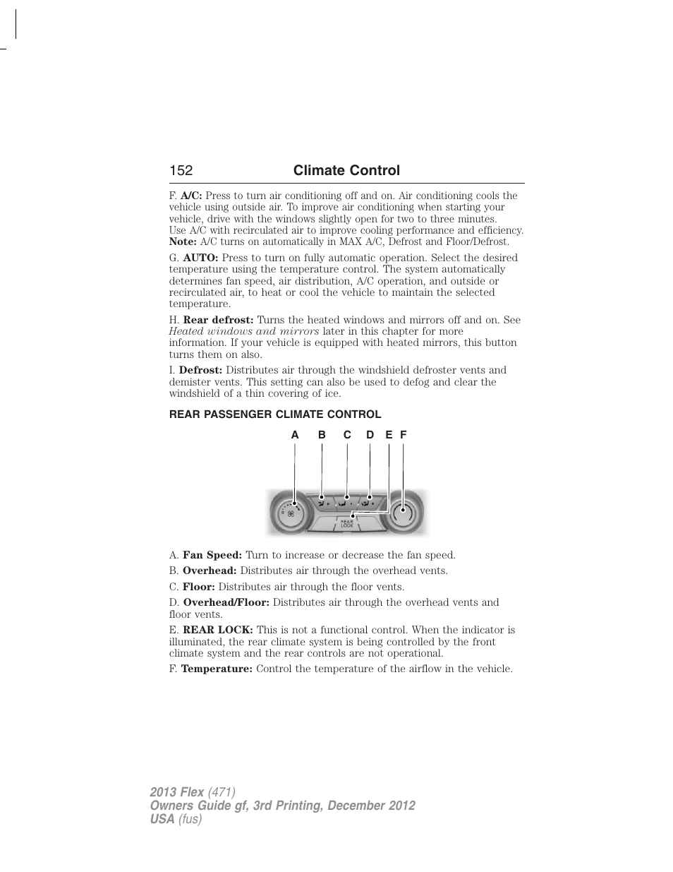 Rear passenger climate control, Auxiliary passenger climate control, 152 climate control | FORD 2013 Flex v.3 User Manual | Page 153 / 547