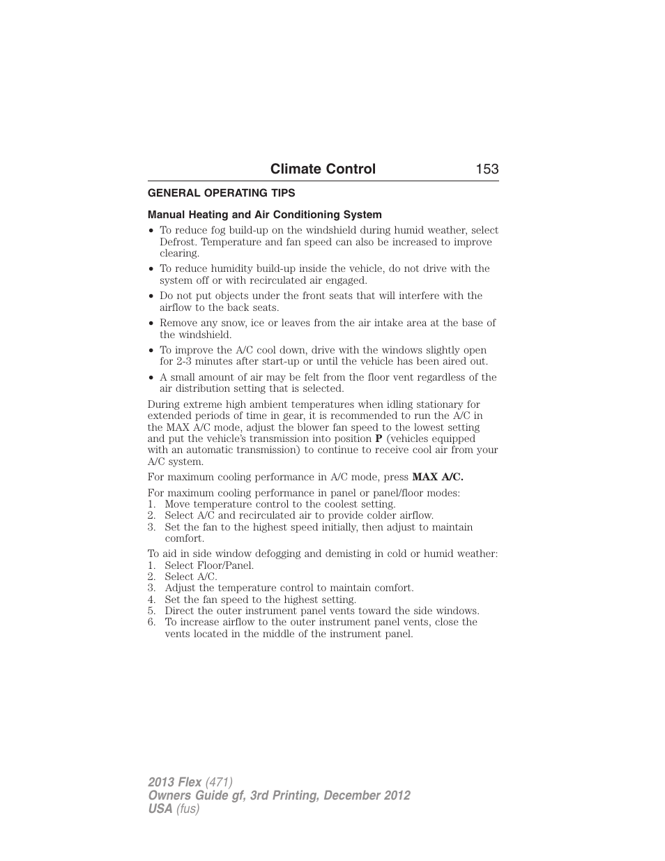 General operating tips, Manual heating and air conditioning system, Climate control 153 | FORD 2013 Flex v.3 User Manual | Page 154 / 547
