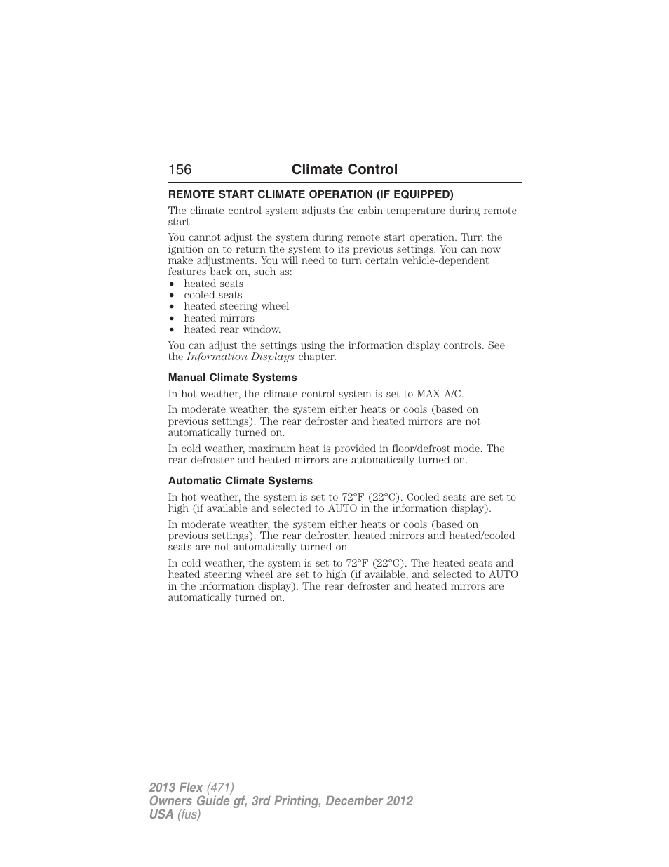 Remote start climate operation (if equipped), Manual climate systems, Automatic climate systems | 156 climate control | FORD 2013 Flex v.3 User Manual | Page 157 / 547