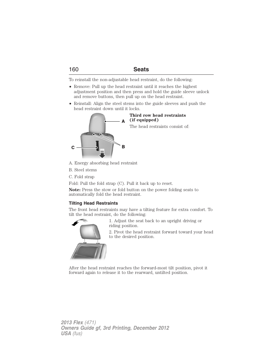 Tilting head restraints, 160 seats | FORD 2013 Flex v.3 User Manual | Page 161 / 547