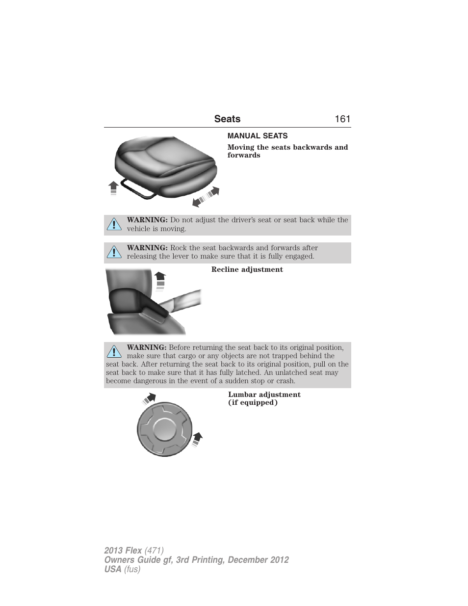 Manual seats, Seats 161 | FORD 2013 Flex v.3 User Manual | Page 162 / 547