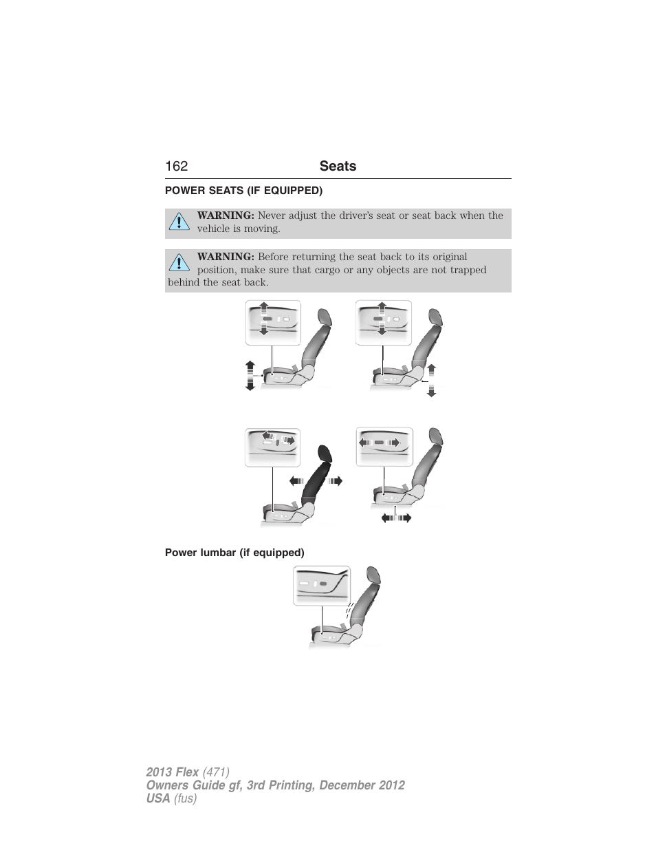 Power seats (if equipped), Power lumbar (if equipped), Power seats | FORD 2013 Flex v.3 User Manual | Page 163 / 547