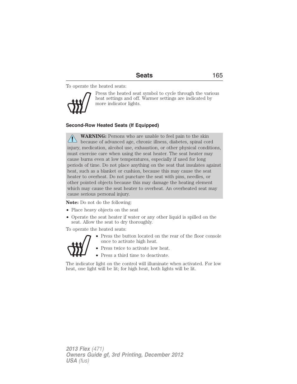 Second-row heated seats (if equipped), Seats 165 | FORD 2013 Flex v.3 User Manual | Page 166 / 547
