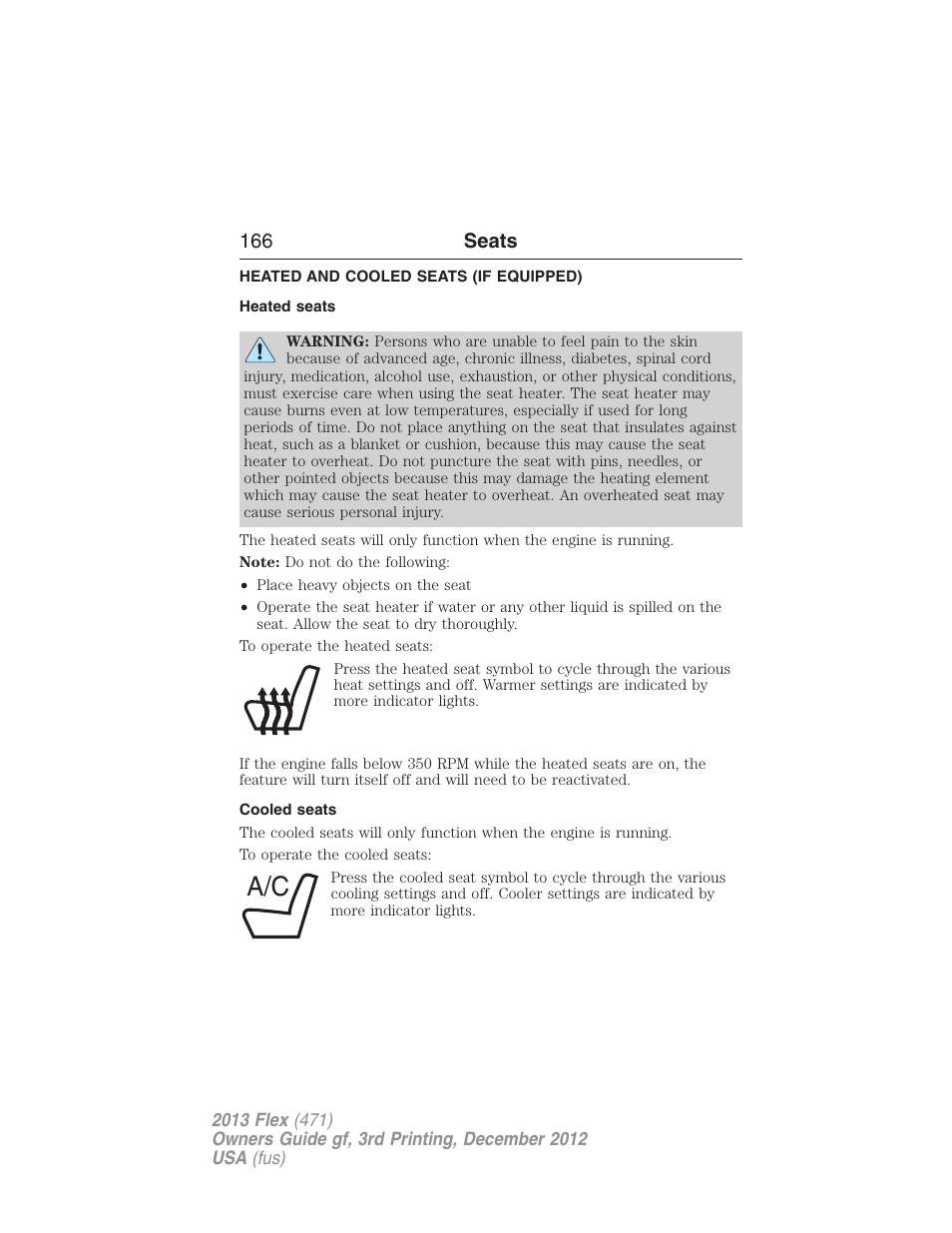 Heated and cooled seats (if equipped), Heated seats, Cooled seats | Heated and cooled seats, 166 seats | FORD 2013 Flex v.3 User Manual | Page 167 / 547