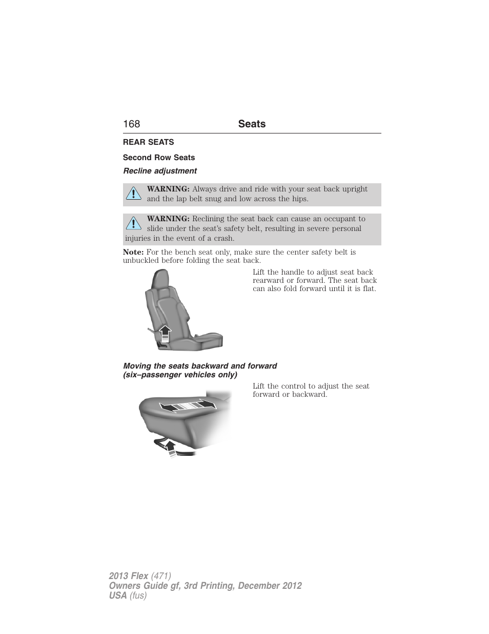 Rear seats, Second row seats, Recline adjustment | 168 seats | FORD 2013 Flex v.3 User Manual | Page 169 / 547