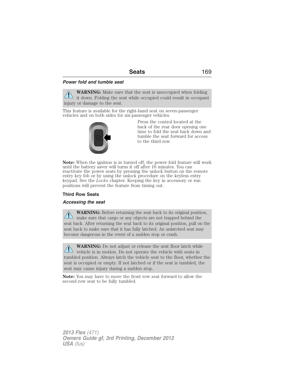 Power fold and tumble seat, Third row seats, Accessing the seat | Seats 169 | FORD 2013 Flex v.3 User Manual | Page 170 / 547