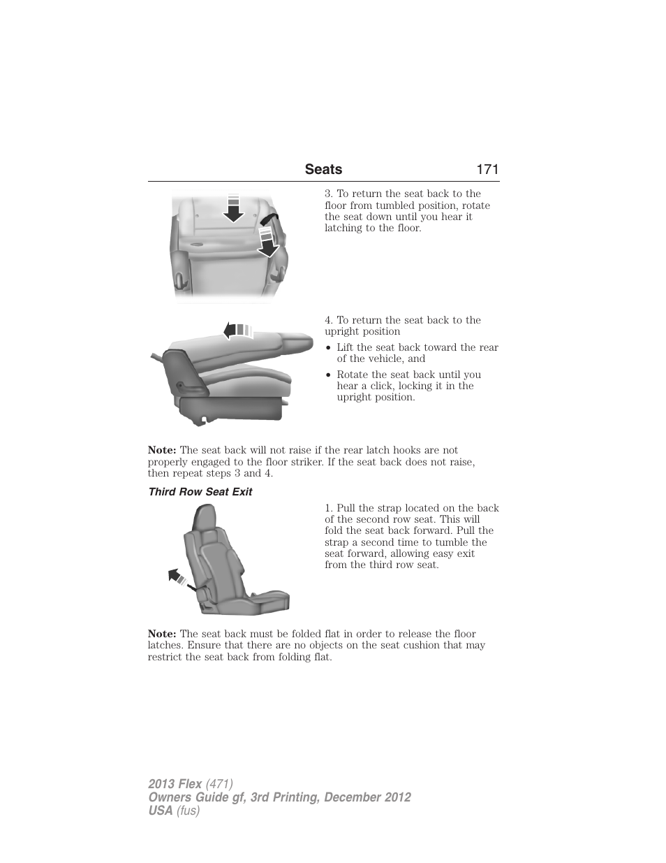 Third row seat exit, Seats 171 | FORD 2013 Flex v.3 User Manual | Page 172 / 547