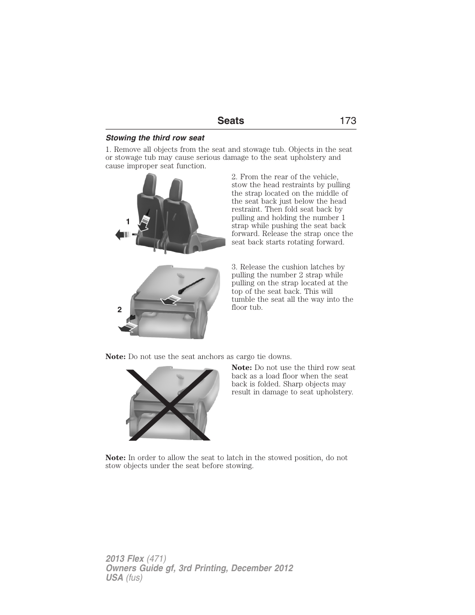 Stowing the third row seat, Seats 173 | FORD 2013 Flex v.3 User Manual | Page 174 / 547