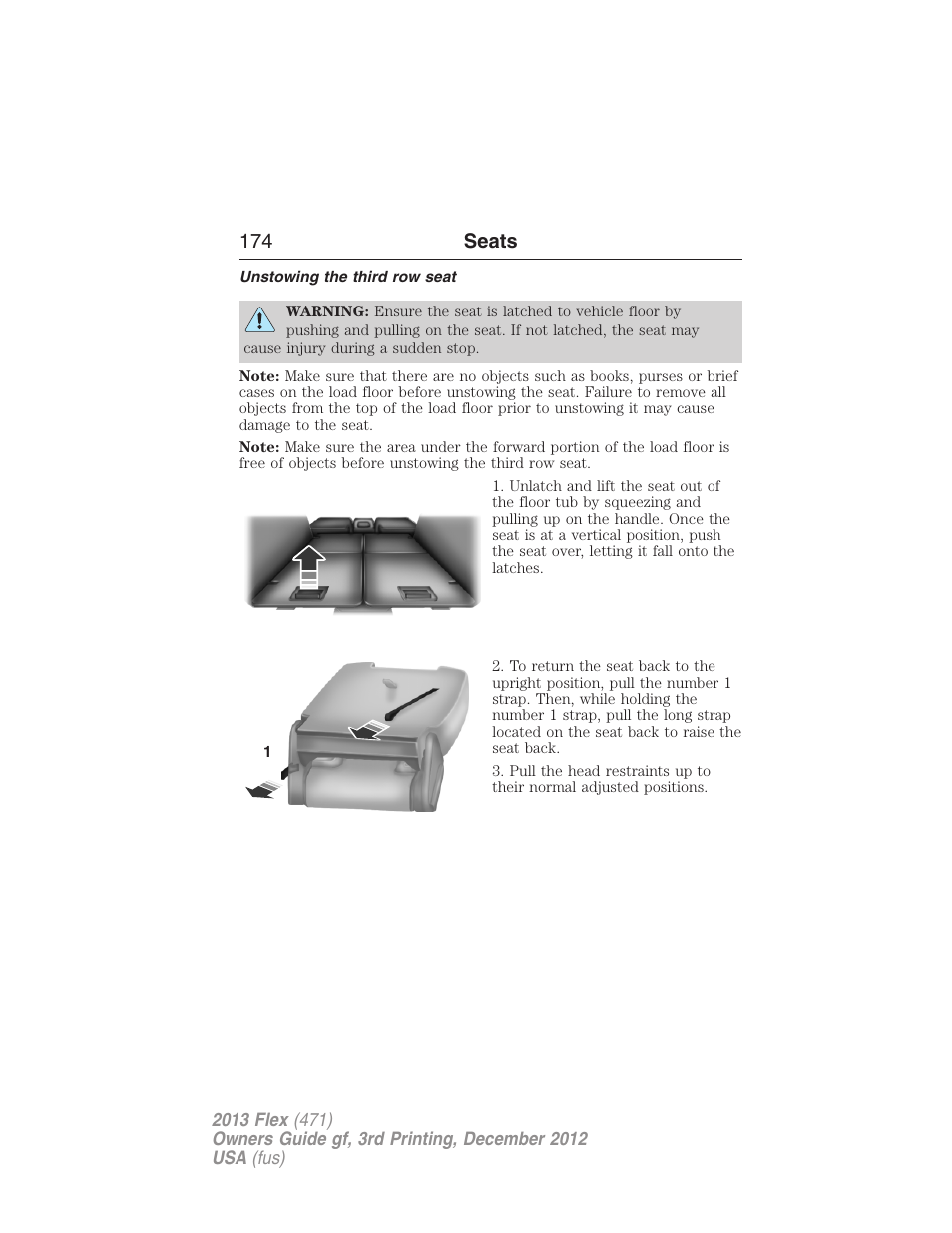 Unstowing the third row seat, 174 seats | FORD 2013 Flex v.3 User Manual | Page 175 / 547