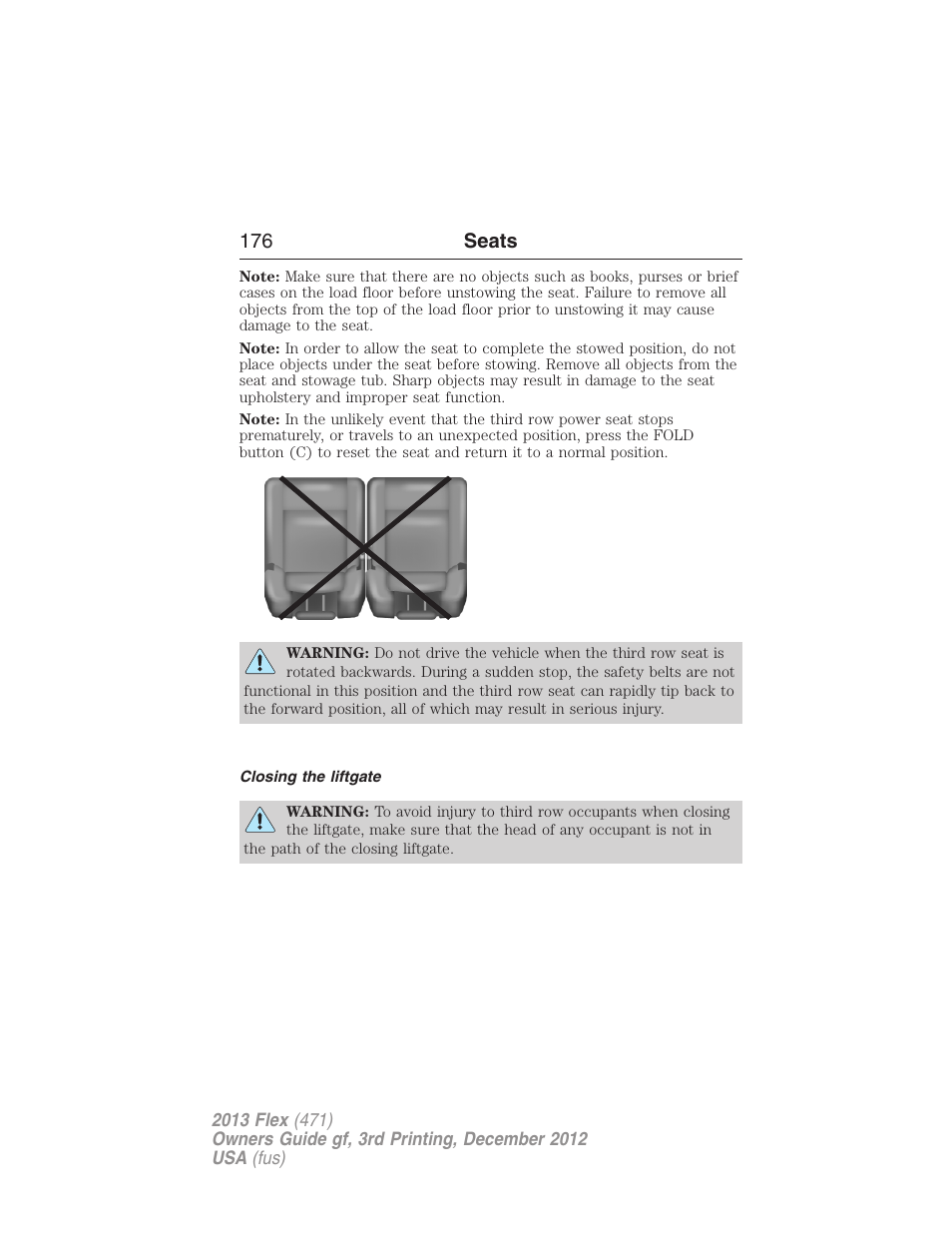 Closing the liftgate, 176 seats | FORD 2013 Flex v.3 User Manual | Page 177 / 547