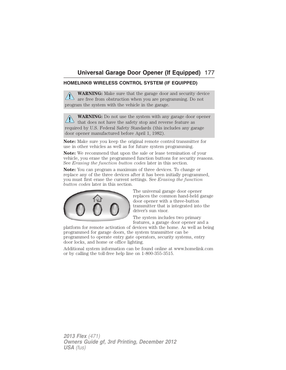 Universal garage door opener (if equipped), Homelink® wireless control system (if equipped), Homelink® wireless control system | Universal garage door opener (if equipped) 177 | FORD 2013 Flex v.3 User Manual | Page 178 / 547