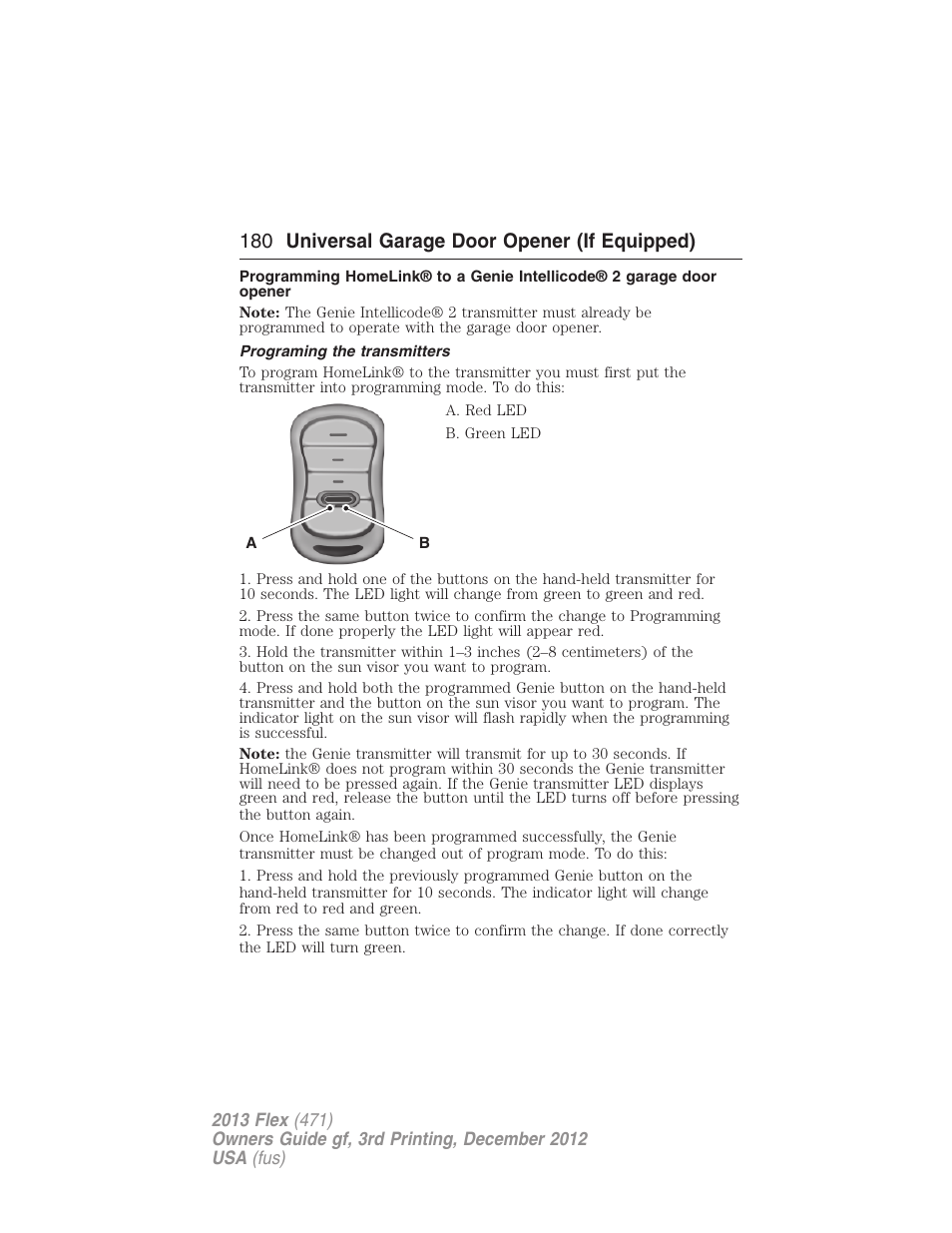 Programing the transmitters, 180 universal garage door opener (if equipped) | FORD 2013 Flex v.3 User Manual | Page 181 / 547