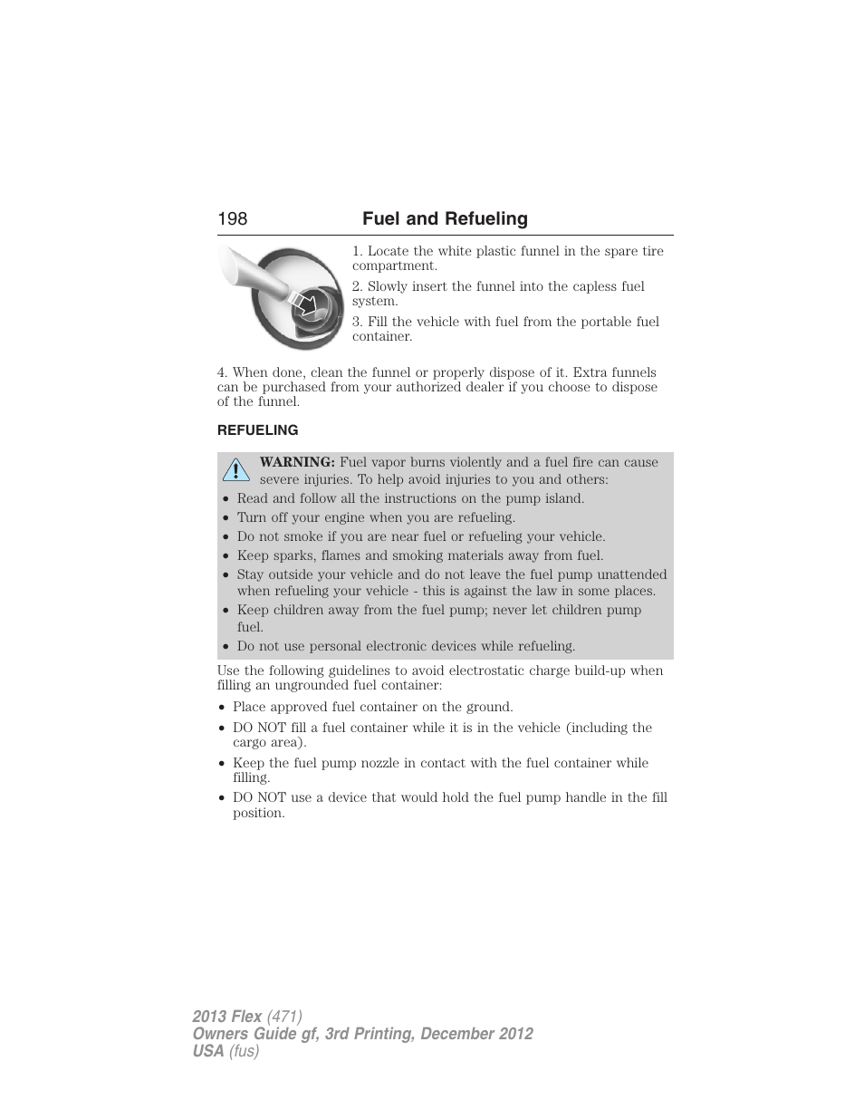 Refueling, 198 fuel and refueling | FORD 2013 Flex v.3 User Manual | Page 199 / 547