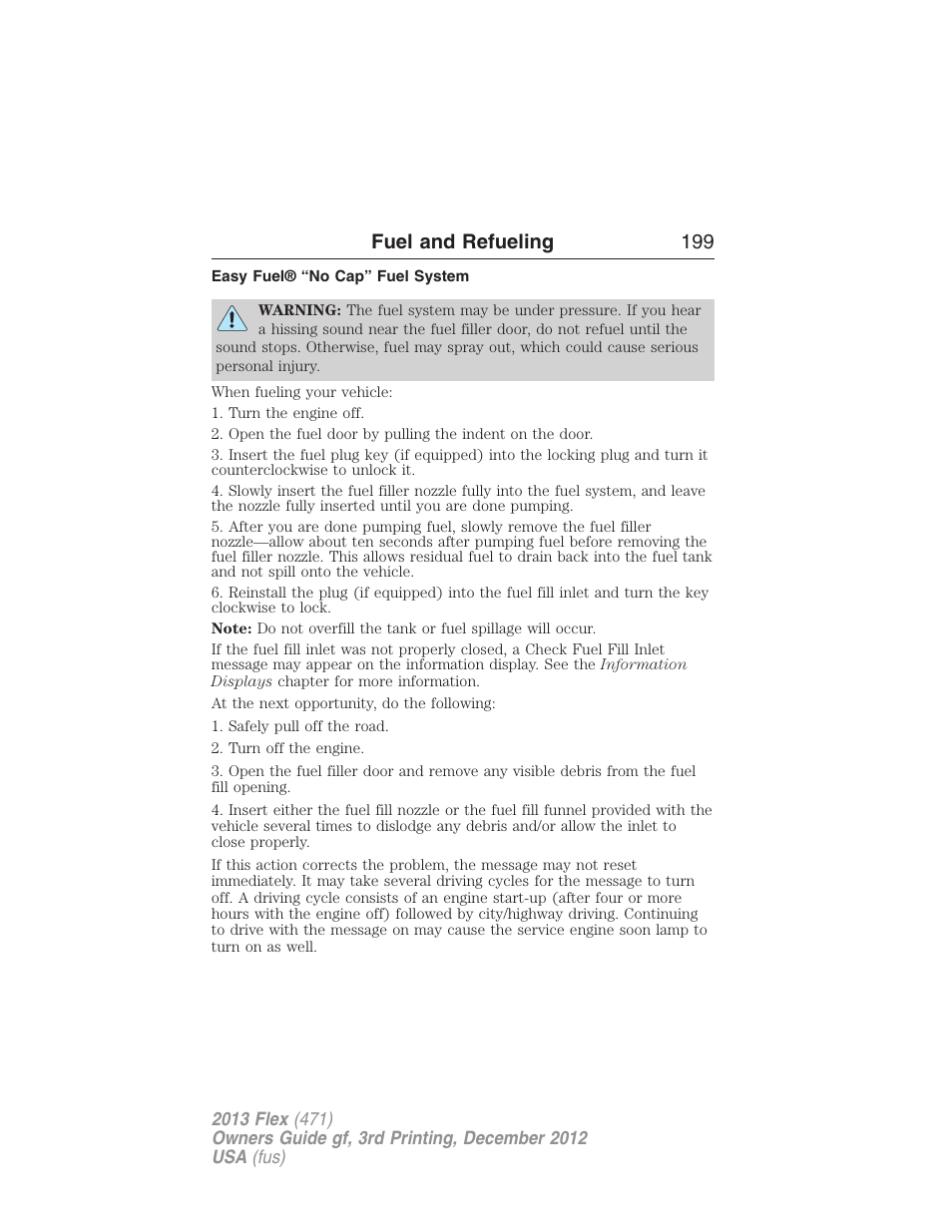 Easy fuel® “no cap” fuel system, Fuel and refueling 199 | FORD 2013 Flex v.3 User Manual | Page 200 / 547