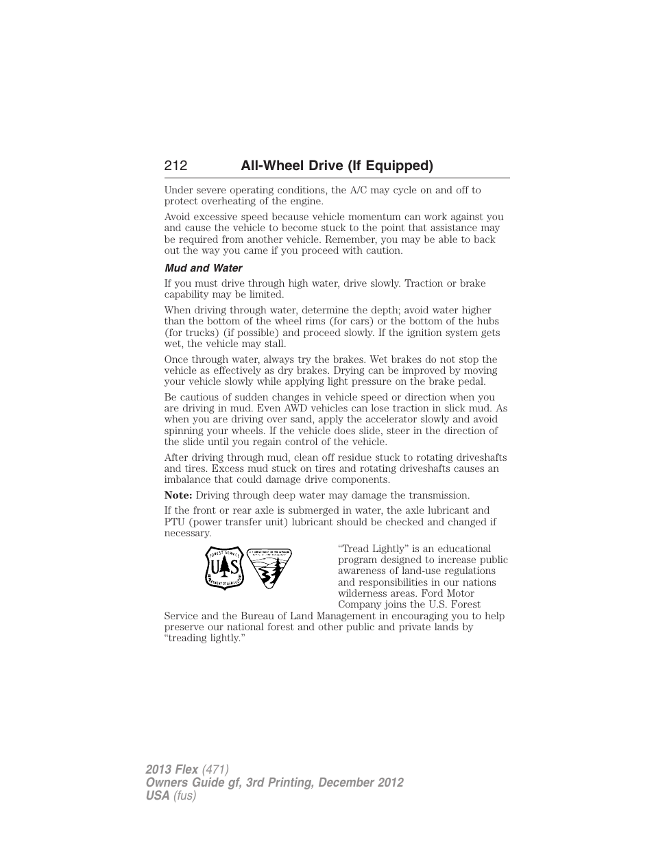 Mud and water, 212 all-wheel drive (if equipped) | FORD 2013 Flex v.3 User Manual | Page 213 / 547