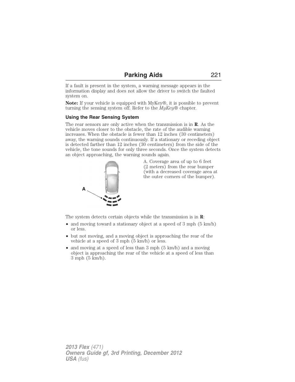 Using the rear sensing system, Parking aids 221 | FORD 2013 Flex v.3 User Manual | Page 222 / 547