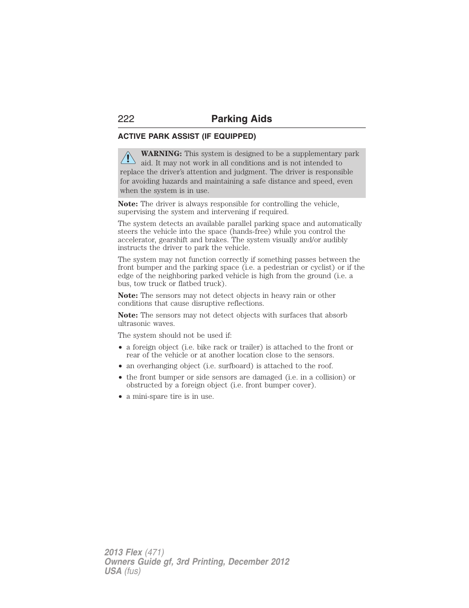 Active park assist (if equipped), Active park assist, 222 parking aids | FORD 2013 Flex v.3 User Manual | Page 223 / 547