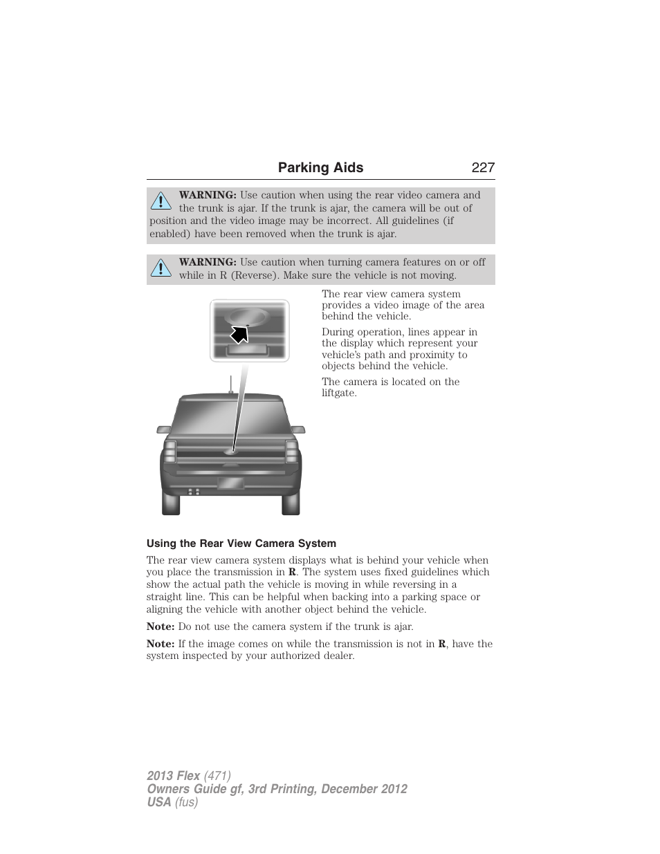 Using the rear view camera system, Parking aids 227 | FORD 2013 Flex v.3 User Manual | Page 228 / 547
