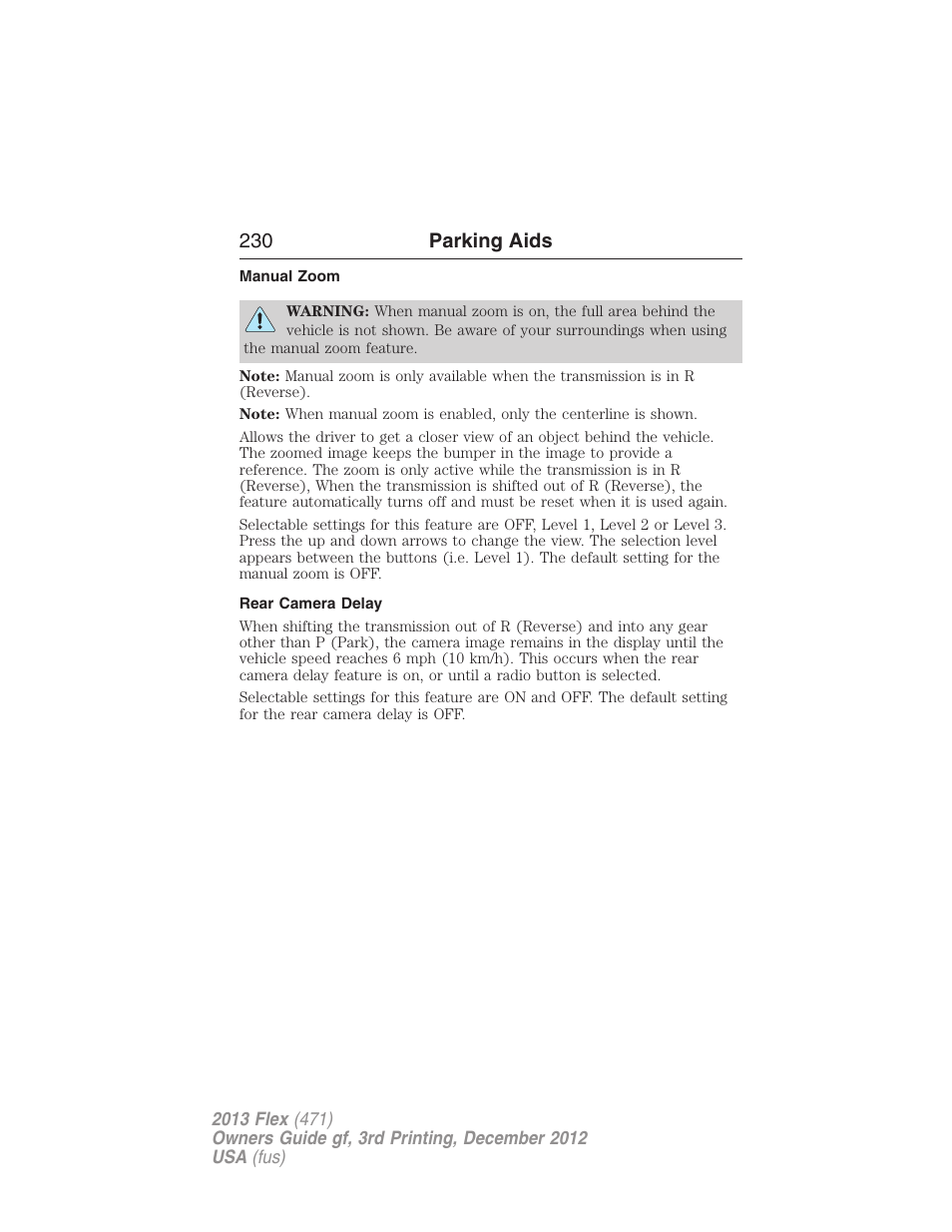 Manual zoom, Rear camera delay, 230 parking aids | FORD 2013 Flex v.3 User Manual | Page 231 / 547