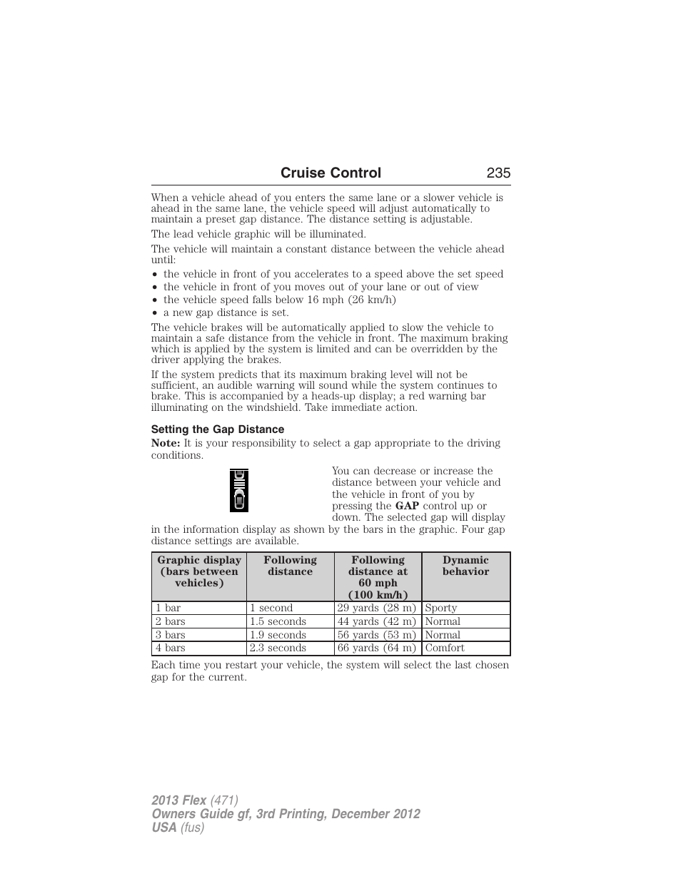 Setting the gap distance, Cruise control 235 | FORD 2013 Flex v.3 User Manual | Page 236 / 547