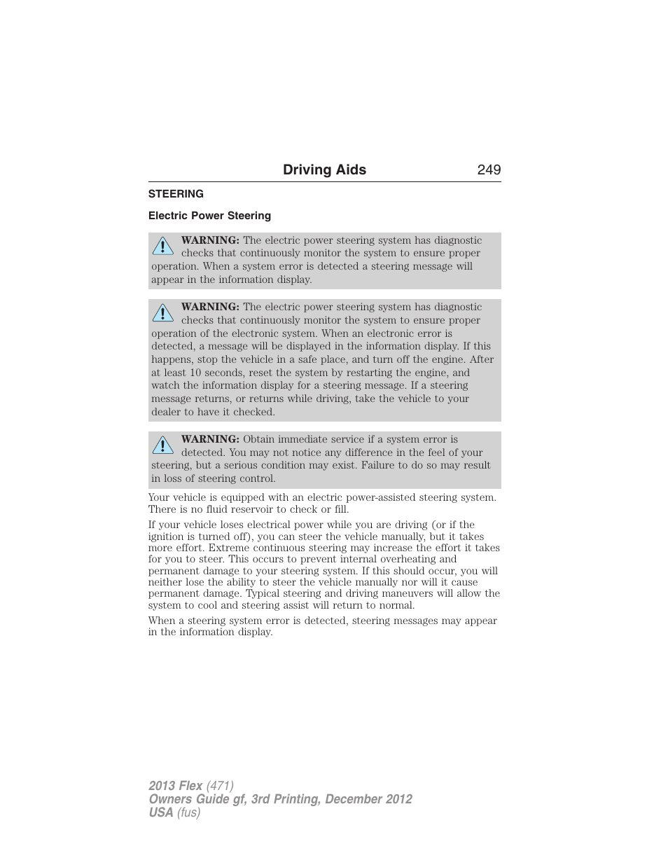 Steering, Electric power steering, Driving aids 249 | FORD 2013 Flex v.3 User Manual | Page 250 / 547