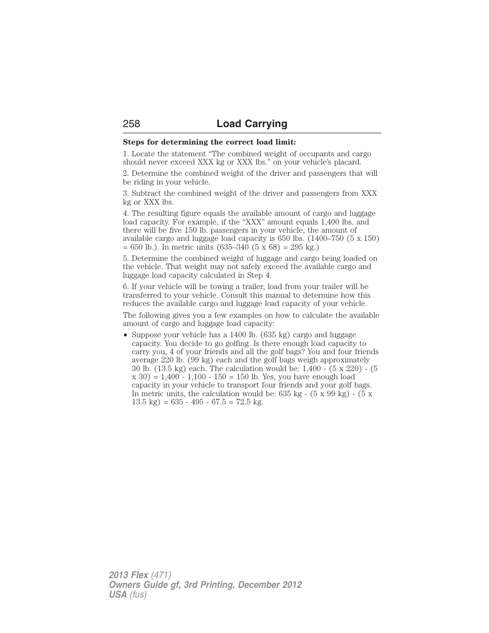 258 load carrying | FORD 2013 Flex v.3 User Manual | Page 259 / 547