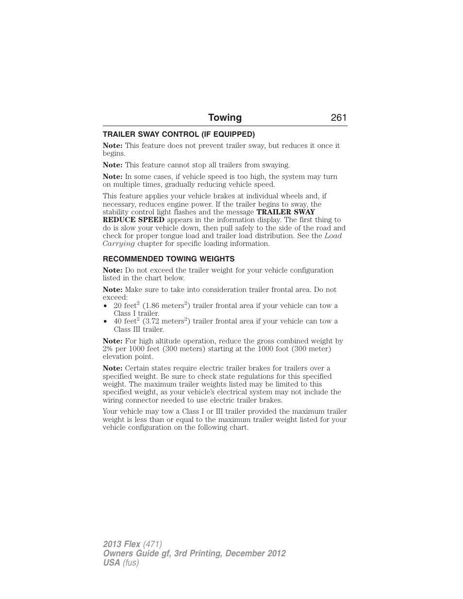 Trailer sway control (if equipped), Recommended towing weights, Towing 261 | FORD 2013 Flex v.3 User Manual | Page 262 / 547