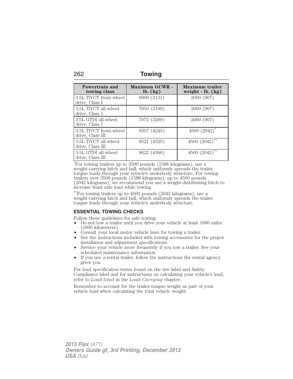 Essential towing checks, 262 towing | FORD 2013 Flex v.3 User Manual | Page 263 / 547