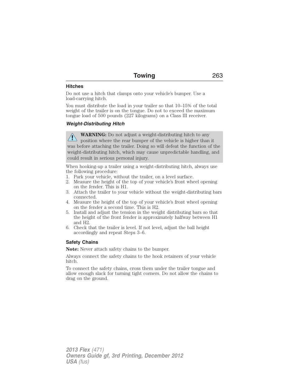 Hitches, Weight-distributing hitch, Safety chains | Towing 263 | FORD 2013 Flex v.3 User Manual | Page 264 / 547