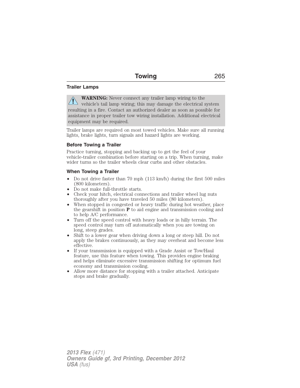 Trailer lamps, Before towing a trailer, When towing a trailer | Towing 265 | FORD 2013 Flex v.3 User Manual | Page 266 / 547