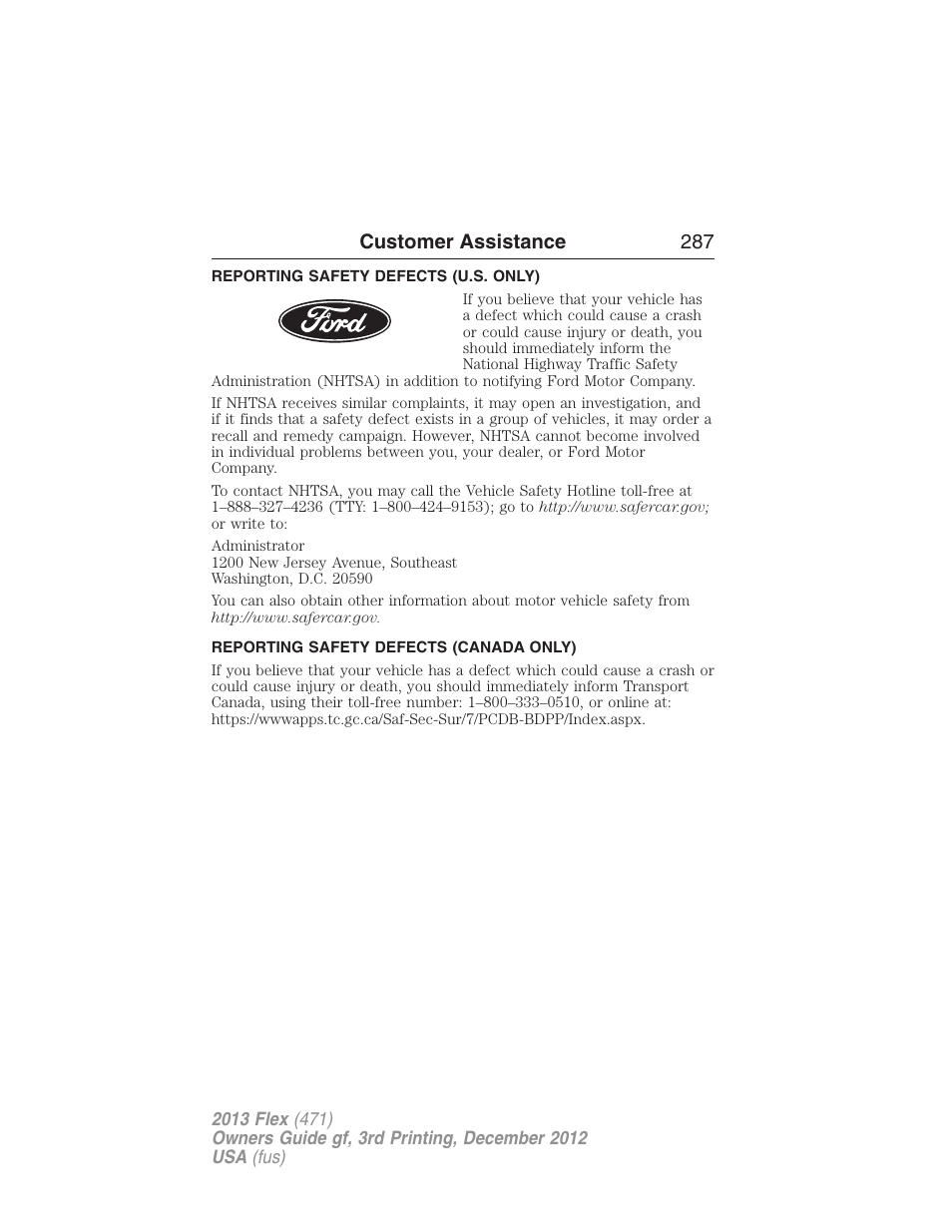 Reporting safety defects (u.s. only), Reporting safety defects (canada only), Customer assistance 287 | FORD 2013 Flex v.3 User Manual | Page 288 / 547