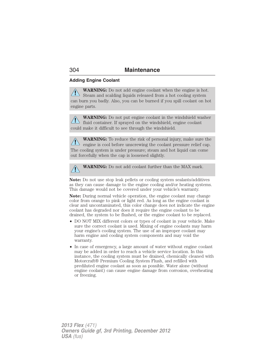 Adding engine coolant, 304 maintenance | FORD 2013 Flex v.3 User Manual | Page 305 / 547