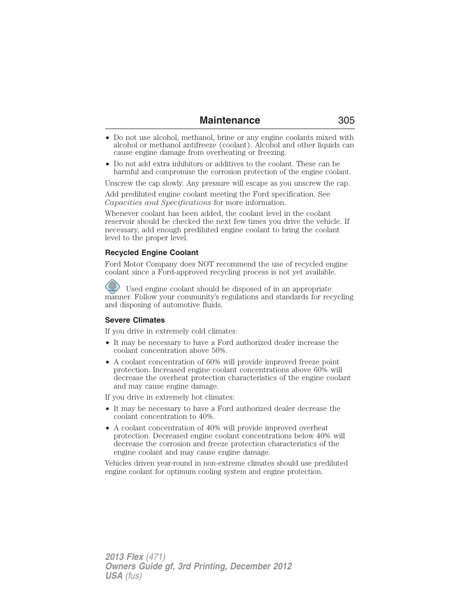 Recycled engine coolant, Severe climates, Maintenance 305 | FORD 2013 Flex v.3 User Manual | Page 306 / 547