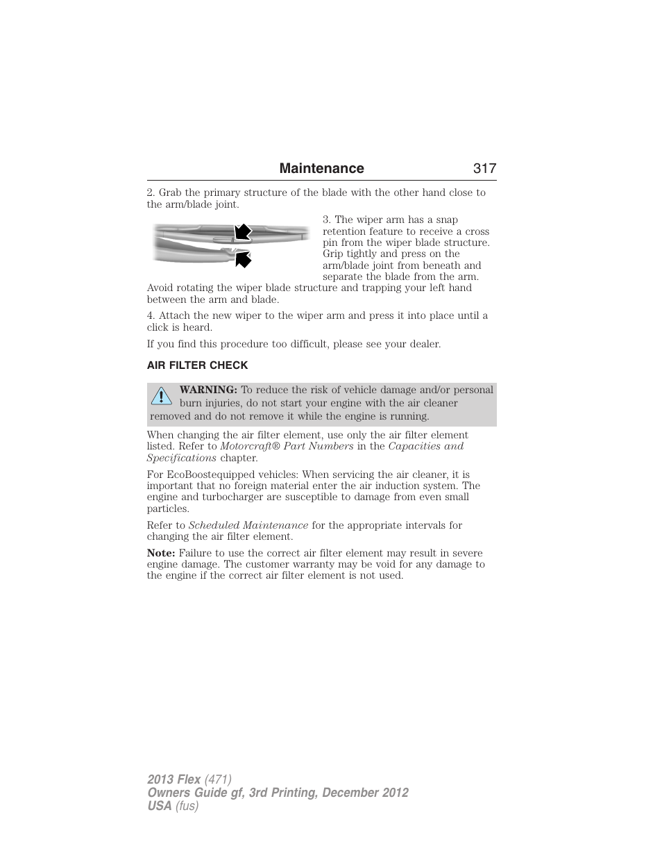 Air filter check, Air filter(s), Maintenance 317 | FORD 2013 Flex v.3 User Manual | Page 318 / 547