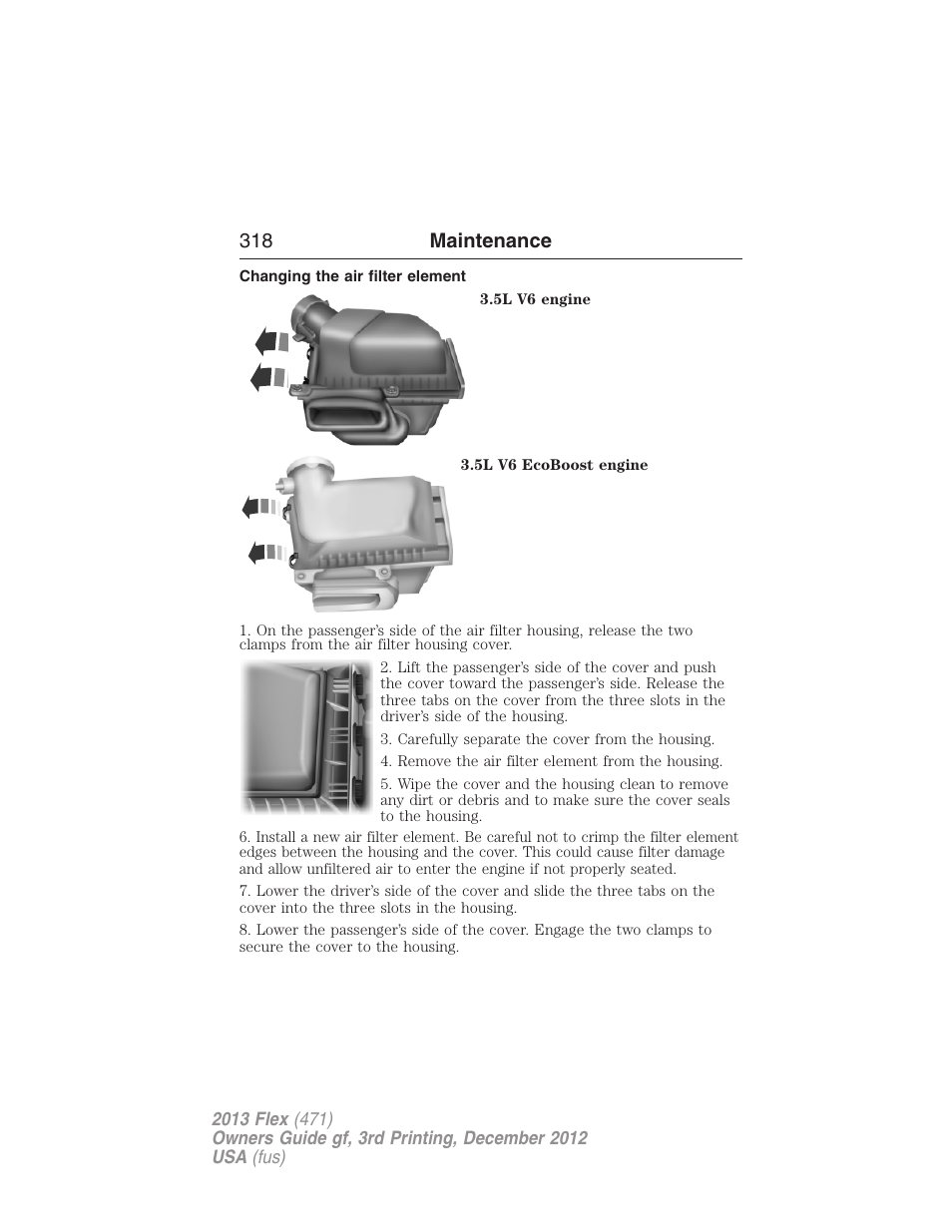 Changing the air filter element, 318 maintenance | FORD 2013 Flex v.3 User Manual | Page 319 / 547