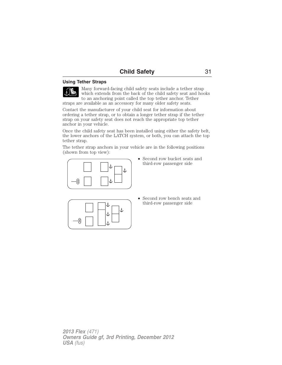 Using tether straps, Child safety 31 | FORD 2013 Flex v.3 User Manual | Page 32 / 547