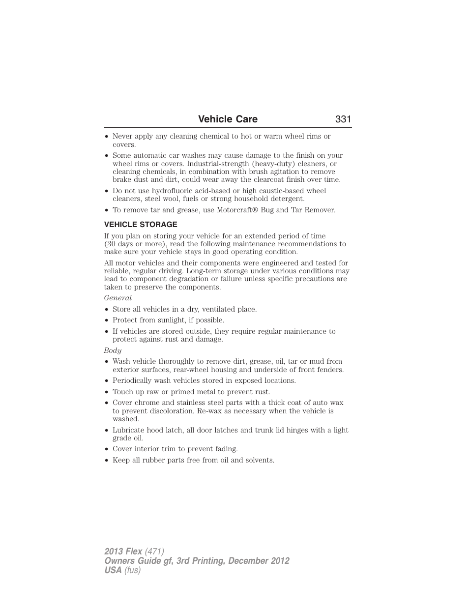 Vehicle storage, Vehicle care 331 | FORD 2013 Flex v.3 User Manual | Page 332 / 547