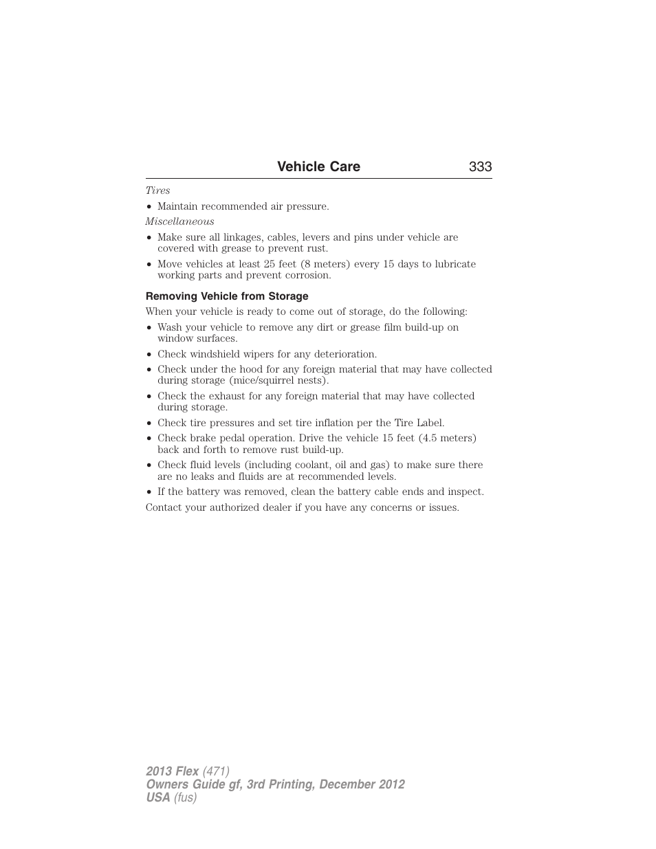 Removing vehicle from storage, Vehicle care 333 | FORD 2013 Flex v.3 User Manual | Page 334 / 547