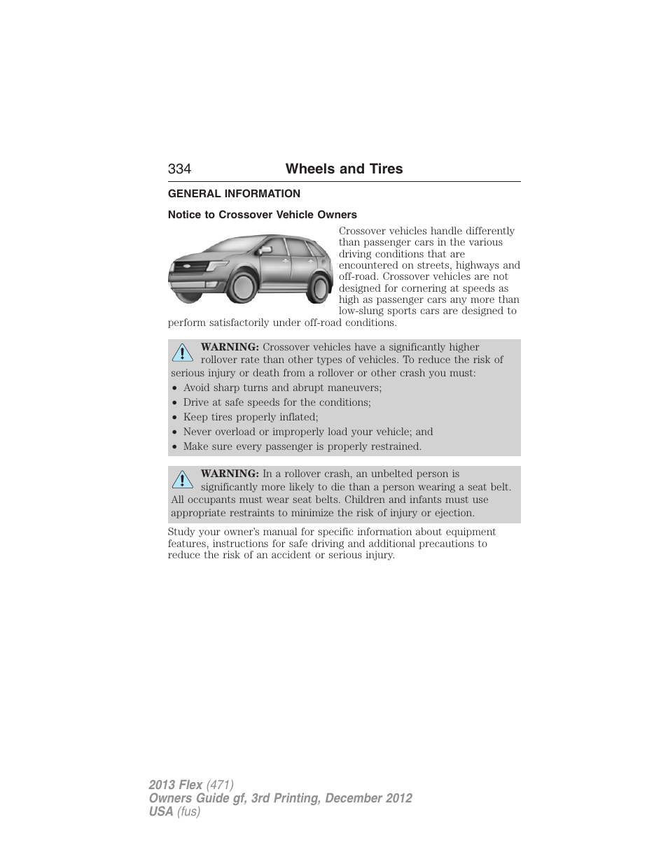 Wheels and tires, General information, Notice to crossover vehicle owners | 334 wheels and tires | FORD 2013 Flex v.3 User Manual | Page 335 / 547