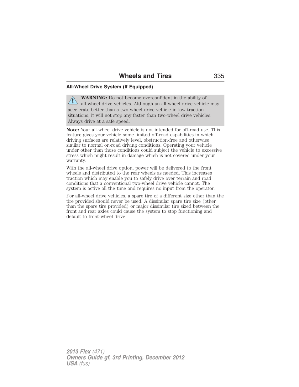 All-wheel drive system (if equipped), Wheels and tires 335 | FORD 2013 Flex v.3 User Manual | Page 336 / 547