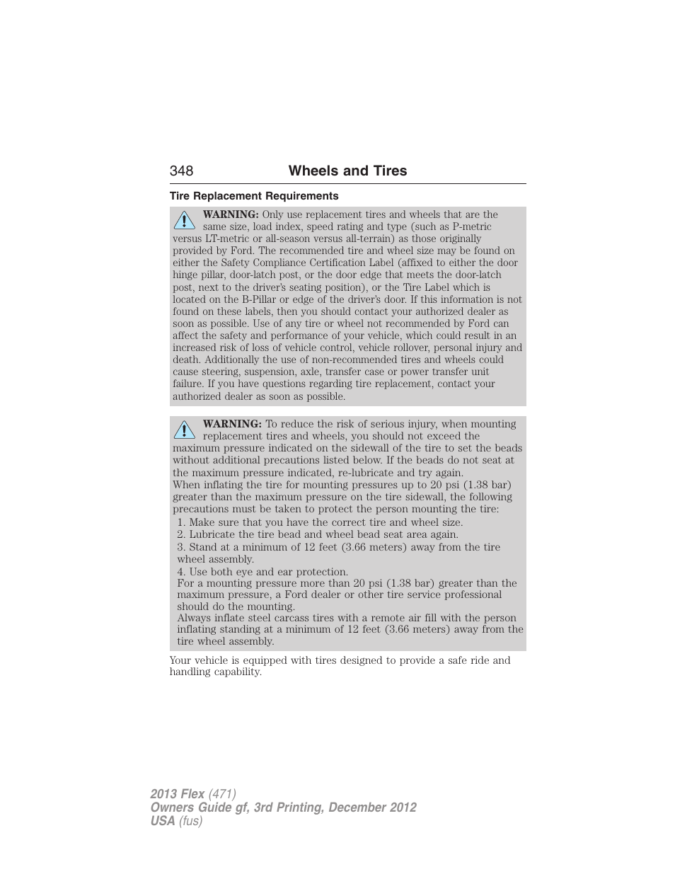 Tire replacement requirements, 348 wheels and tires | FORD 2013 Flex v.3 User Manual | Page 349 / 547