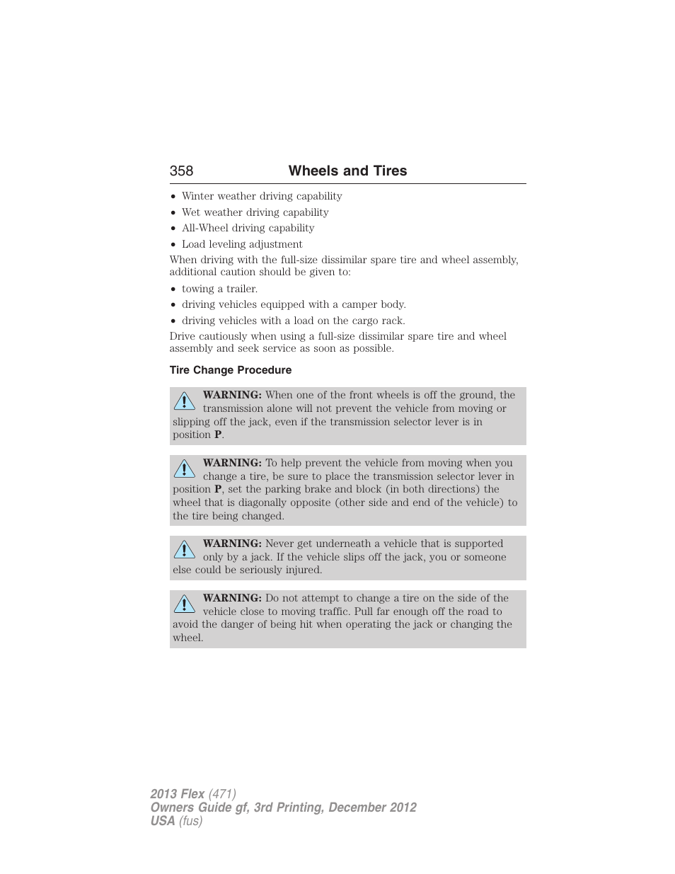 Tire change procedure, 358 wheels and tires | FORD 2013 Flex v.3 User Manual | Page 359 / 547