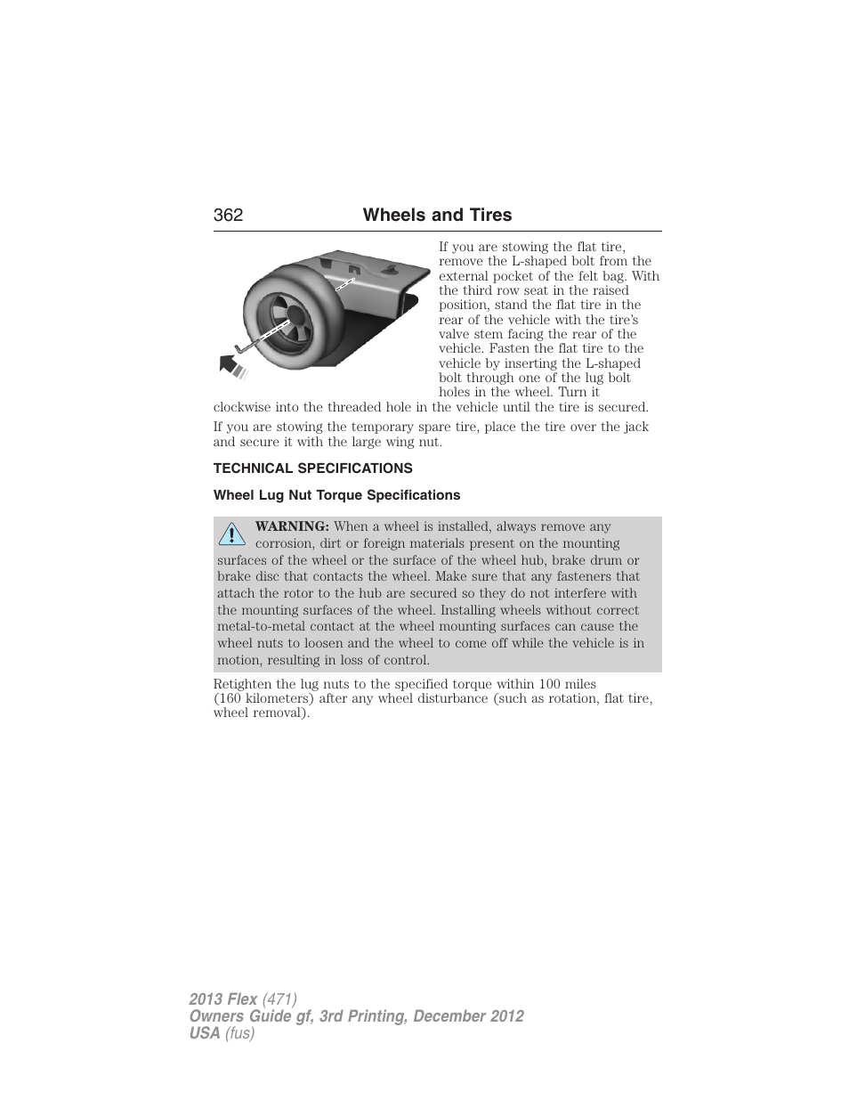 Technical specifications, Wheel lug nut torque specifications, Wheel lug nut torque | 362 wheels and tires | FORD 2013 Flex v.3 User Manual | Page 363 / 547