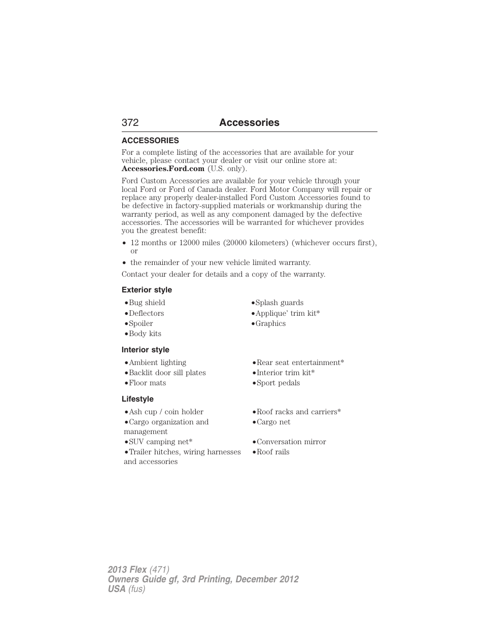 Accessories, Exterior style, Interior style | Lifestyle, 372 accessories | FORD 2013 Flex v.3 User Manual | Page 373 / 547
