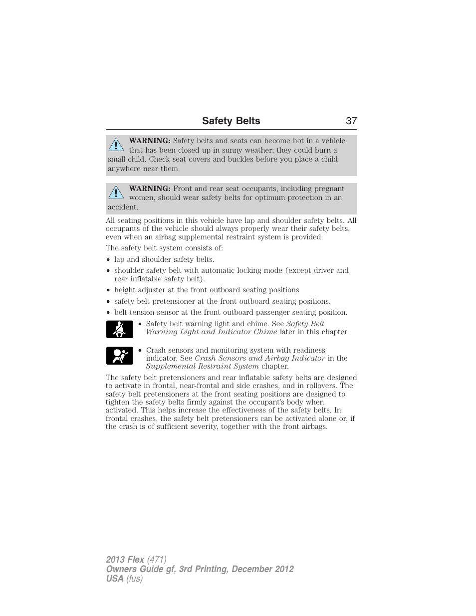 Safety belts 37 | FORD 2013 Flex v.3 User Manual | Page 38 / 547