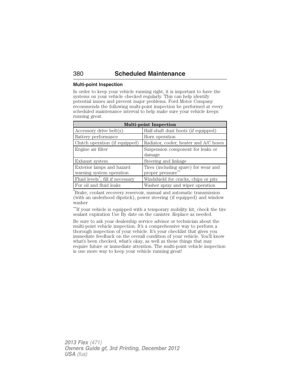 Multi-point inspection, 380 scheduled maintenance | FORD 2013 Flex v.3 User Manual | Page 381 / 547