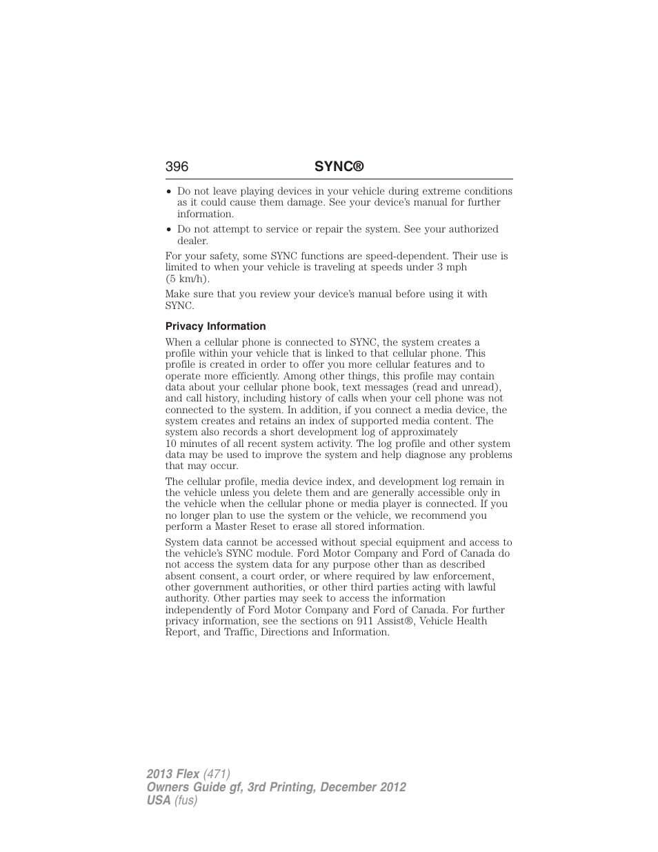 Privacy information, 396 sync | FORD 2013 Flex v.3 User Manual | Page 397 / 547